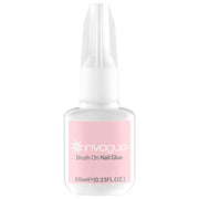 A small, white bottle of Invogue False Nails Brush On Nail Glue with a pink label and white text. The bottle features a pointed white cap and contains 10mL (0.33 FL OZ) of product. It is designed with a rapid bond formula ideal for securing false nails.